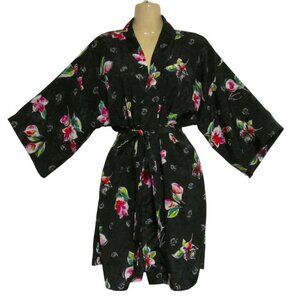 Vintage California Dynasty Floral Black Kimono Robe Belted Waist Size M